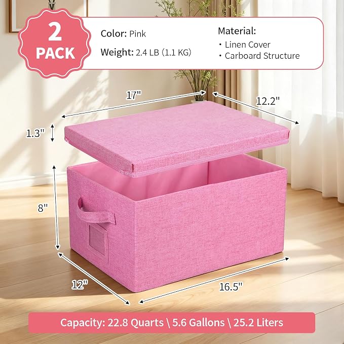 Storage Bins With Lids Closet Organizer Cabinet Box For Clothes,Toys,Shelf | 2 Pack, 17"X 12"X 2", Collapsible, Stackable, Dustproof, Built-In Handle, Label Slot, Linen Fabric, Cardboards, Pink