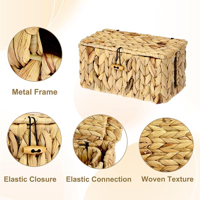 BTSKY Woven Cable Management Box with Lid Water Hyacinth Cord Organizer, S | Cable Organizer Box with 2-Open Slots to Hide Power Strips USB Hubs for Desk, Home & Office, Pet Proofing Cord Basket