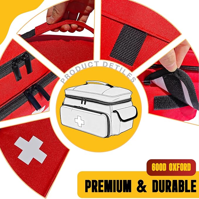 Small First Aid Bag Empty Medical Bag Red Pill Bottle Organizer Case, Portable Emergency Bag Travel Medicine Kit Storage 12" x 9" x 7" First Aid Box for Car, Home, Office, Dorm, Camping (Red)