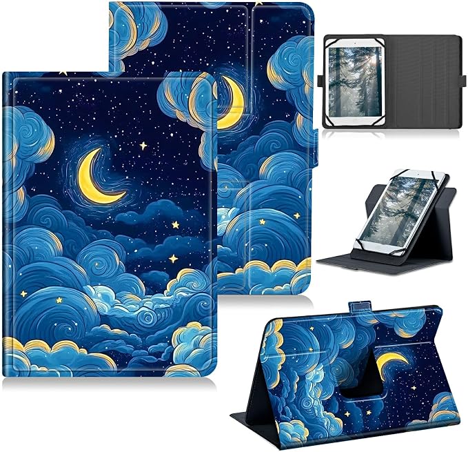 Universal Tablet Case for T-Mobile Revvl Tab 2 10.1" 2025/Revvl Tab 5G 10.36" 2023, 360 Degree Rotating Kickstand Protective Stand PU Leather Shell Cover for 9"-10.5", Moon Blue Clouds