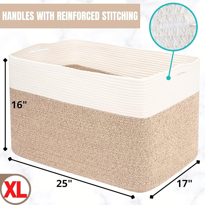 112L Extra Large Blanket Basket Holder Living Room, 25"x17"x16" Rectangle Rope Woven Storage Basket with Handles for Laundry, Pool Towels, Shoes, Dog Toy Organizer Bin Box, Light Brown