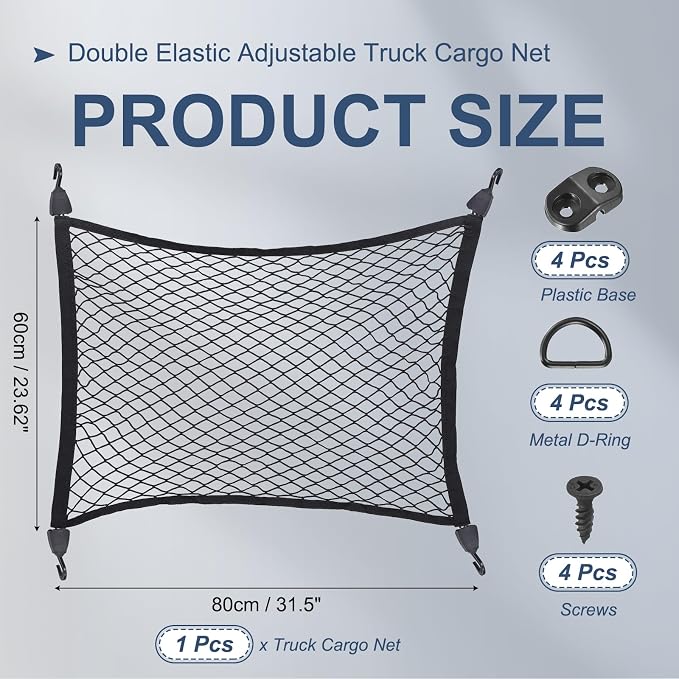 PATIKIL Truck Cargo Net, (31.5 x 23.6 Inch, Black) with Base and D-Ring | Single Elastic Adjustable Trunk Bed Net Stretchable Mesh Storage Organizer Heavy Duty for Pickup Trucks SUV Cars