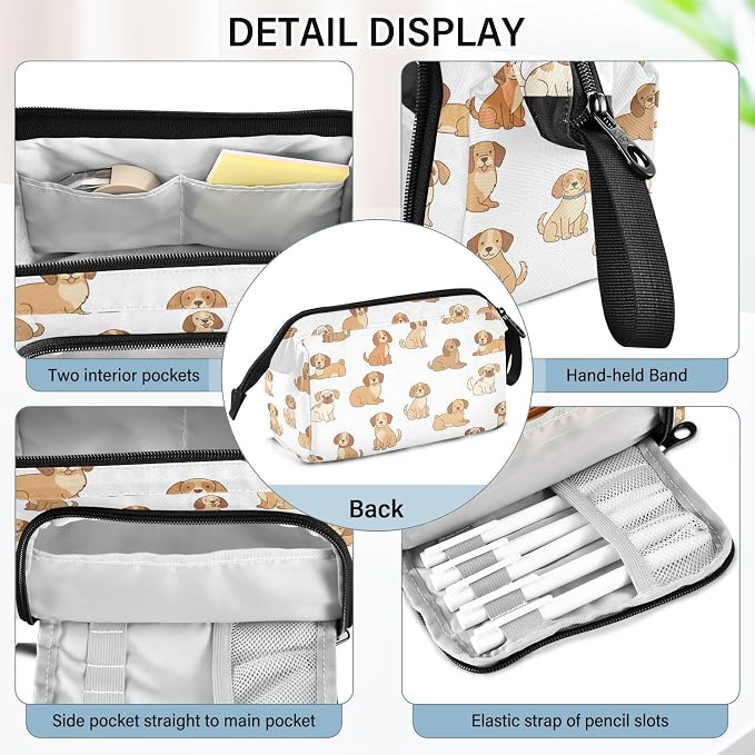 Emelivor Pets Dogs White Print Pencil Case Large Capacity Pencil Pouch Bag with Compartmens Pen Organizer Portable Stationery Bag for School Office Girls Boys Adult College