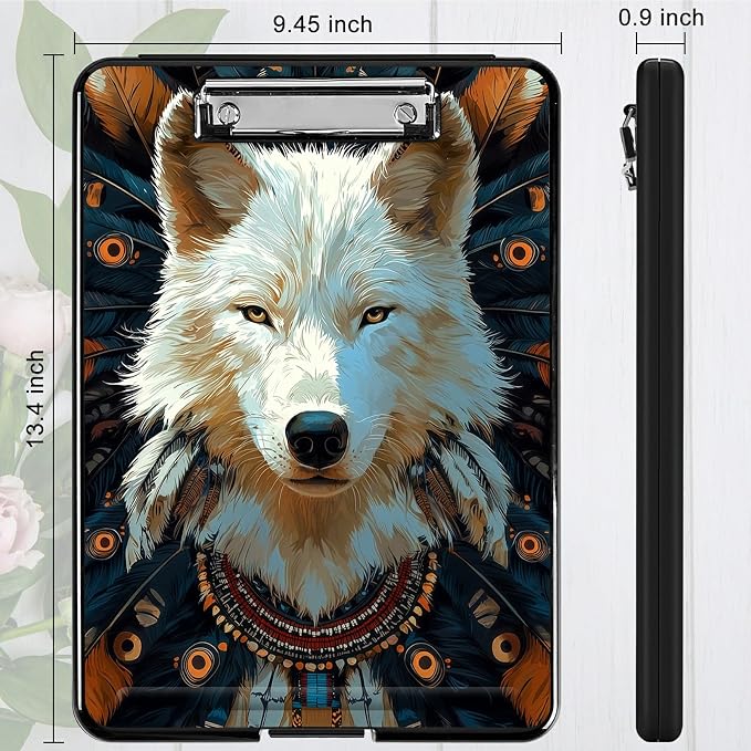 Heavy Duty Storage Clipboard, Slim Nursing Clipboard with Internal Pen Case, Portable File Organizer Case for A4 Letter Size Paper Office Medical Professionals, Feathers White Wolf