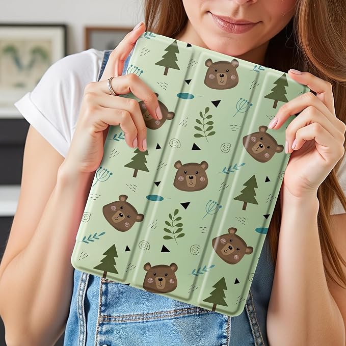 Cute Kawaii Bear Case for 10.9" iPad Air 4 2020/iPad Air 5 2022, Clear TPU Smart Stand Back Cover with Pencil Holder, Auto Wake/Sleep Foldable Shockproof Protective Case