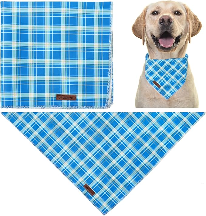Blue Checkered Dog Bandana, Spring Summer Blue Plaid Puppy Bandana for Boy Male Dogs, Soft Cotton Pet Triangle Bid Scarf Kerchief for Boy Dogs or Cats