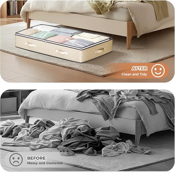 6 Pack 95L Under Bed Storage Containers Beige | Underbed Storage Bags for Blankets, Towels, Comforter, Sweaters, Linen Sheets, Wrapping Paper