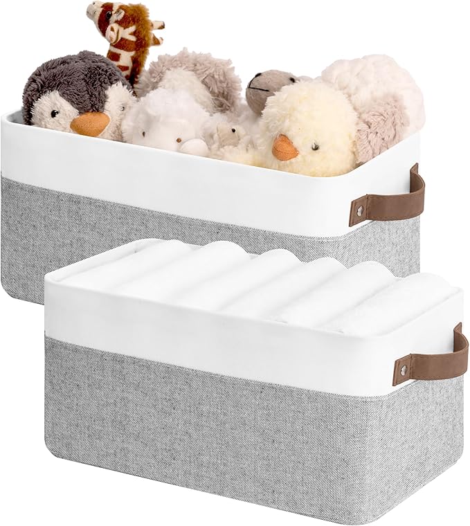 StorageWorks Narrow Storage Bins, Gray and White, 2-Pack | With Metal Frame, Sturdy Structure, PU Handles, Toilet Paper Storage, Small Storage Bins, For Bathroom, Closet, Shelf