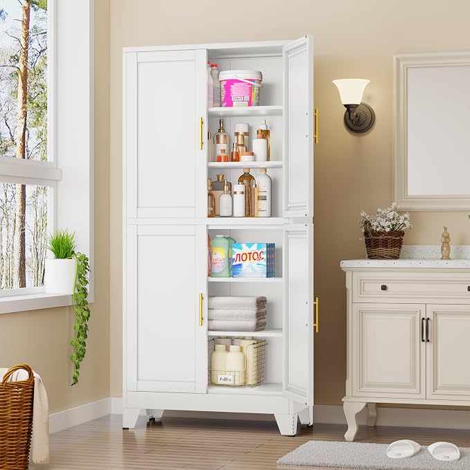 75" Tall Kitchen Pantry Cabinet, White Metal Pantry Storage | Storage Cabinet with Doors and 3 Adjustable Shelves, Steel Storage, Bathroom cabinets Organizer, Cupboard for Home, Office