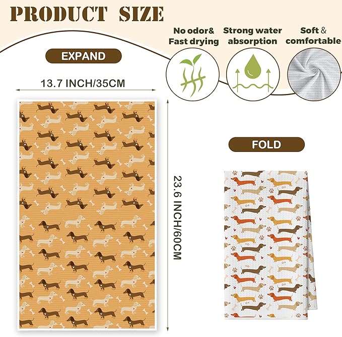 Kitchen Towels Set of 2, Filled with Dachshund Dish Towel for Kitchen, Decorative Hand Towels for Bathroom, Fast Drying Tea Towel, Housewarming Gifts for Wiener Dog Lover Women Mom -B04