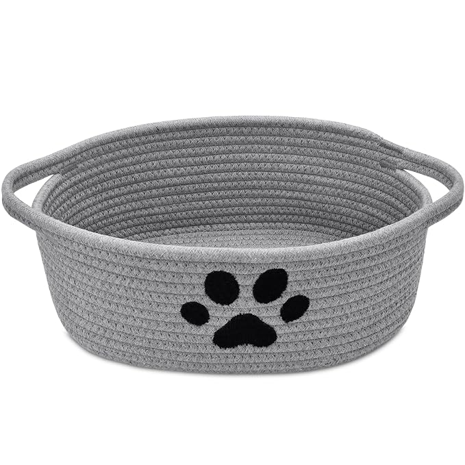 ABenkle Small Woven Basket with Handle, Cute Dog Paw Baskets for Gifts Empty, Decorative Rope Woven Storage Dog Toy Basket, Nursery Baskets for Baby Shower, 12" x 8" x 5"