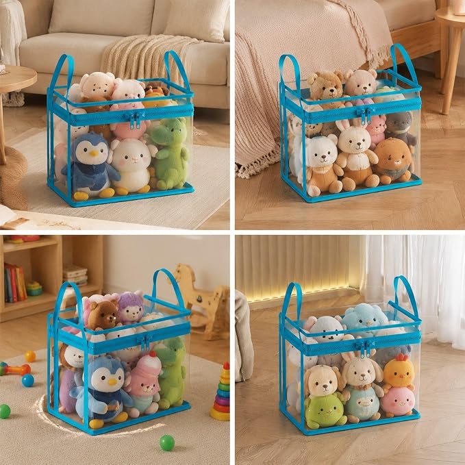 Fenteer Toy Storage Box Plush Toy Holder Stuffed Animal Organizer Clear PVC Display Bin with Secure Zipper Handle Dust Protection Easy Handling Suitable for L, M 32cmx24cmx25cm