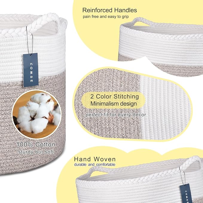 COMSE XXXLarge Woven Blanket & Laundry Basket, 87L, White & Light Brown | 21.7" x 13.8", Cotton Rope, Nursery Hamper for Storage of Toys Clothes Towels, Ideal for Living Room Bedroom Bathroom