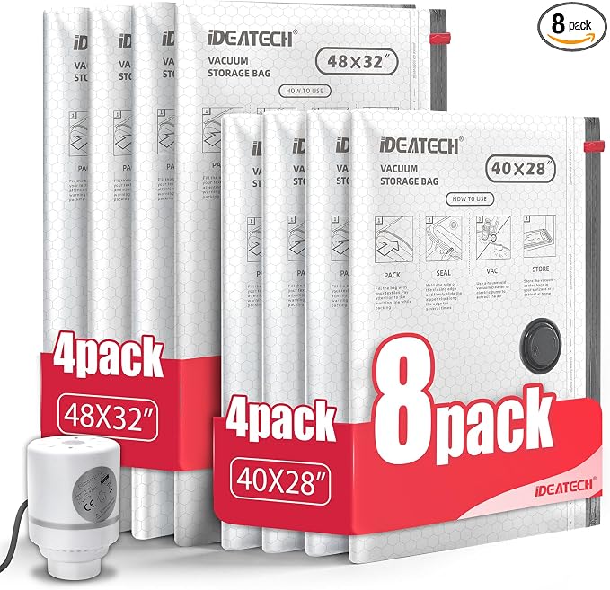 8Pack Vacuum Storage Bags with Electric Pump, Jumbo Vacuum Seal Bags for Clothing, Bedding & Blankets, Heavy Duty Compression Space Saver with Airtight Seal, Closet & Under Bed Storage-4L+4XL