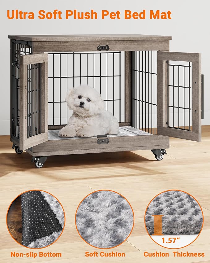 YaFiti Dog Crate Furniture, 27.2" Wooden Dog Kennel, 2 Pack, Grey | for Small Dogs, Up to 30 lb, Cushion, Wheels, Double Doors, Furniture Style, Side End Table, Decorative Pet Cage House