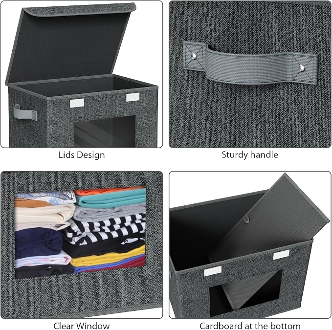 Univivi Fabric Foldable Storage Boxes with Lids, 4 Pack, Black | 17 x 12 x 12 In Large Storage Bins with lid & Carry Handles, Stackable Design Closet Storage Containers for Home Clothes