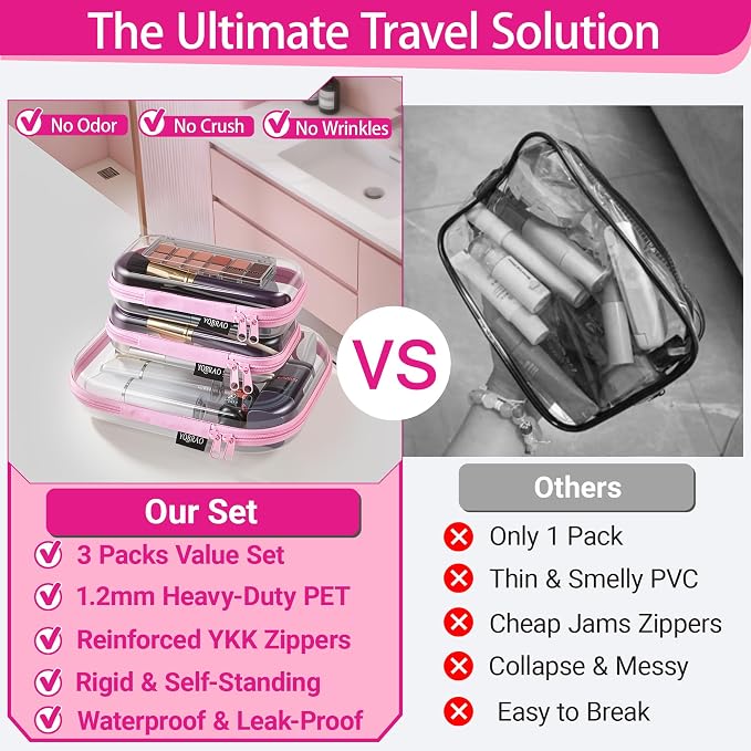 YQBRAO Clear Hard Shell Organizer Cases, 3-Pack, Pink | Rigid 1.2 mm clear PET organizers with multi-size design for toiletries, travel use, and everyday essentials