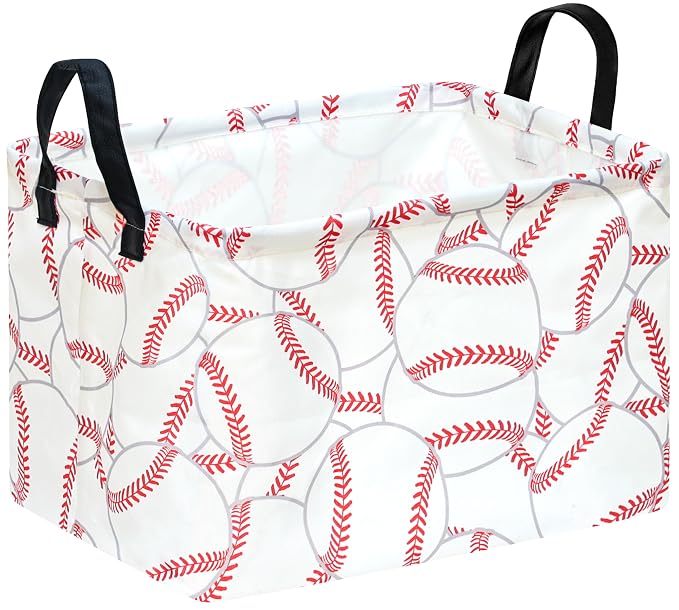 Baseball Storage Basket for Boys Room, Foldable Toy Organizer Bin | Baseball-Themed Storage Basket with Waterproof Lining, Leather Handles and Foldable Design for Kids’ Rooms