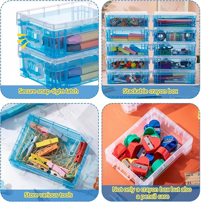 Suzile 50 Pcs Plastic Crayon Box with Lid 4.8 x 3.4 x 1.6, Blue | Small Crayon Storage Containers Bulk, for Office School Classroom, Art Crafts Pen Pencil Organizers, Back to School Supplies