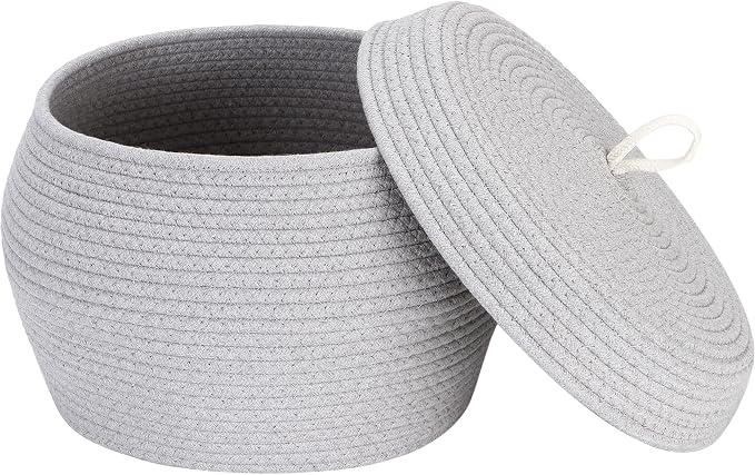 Sea Team Round Woven Cotton Rope Storage Basket with Lid, Gray | Lidded Knitted Decorative Storage Bin, Pot, Caddy, Organizer, Container for Snacks, Towels, Plants, 13 x 9 Inches