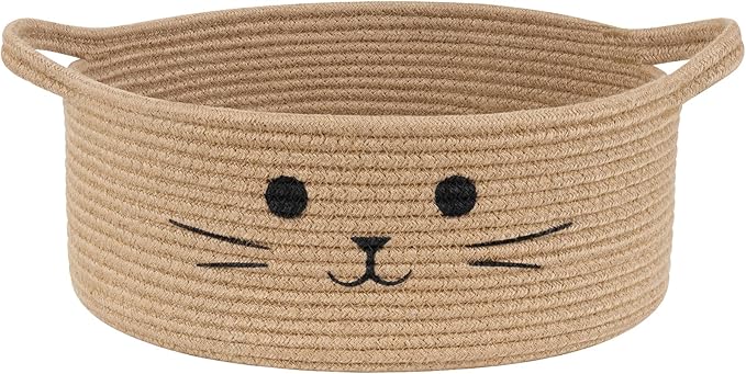 Medium Woven Rope Cat Toy Basket with Cat Face, Jute | 13.8" x 6" Cat Toy Storage Bin for Living Room & Nursery, Pet Gift Basket Empty with Sturdy Handles, Cozy Cats Bed