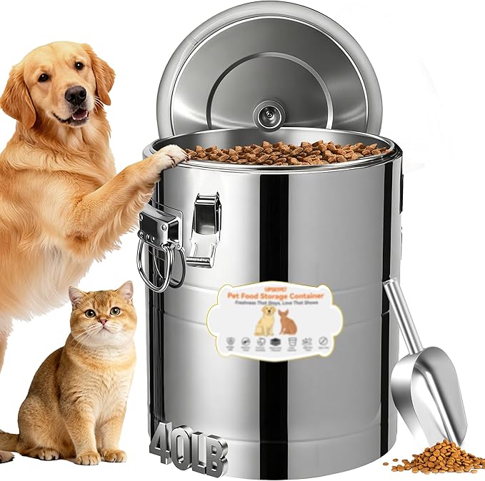 40lb Dog Food Storage Container, Airtight Stainless Steel | Extra Large Capacity, Rust-Proof, Moisture-Proof, Deters Pets from Opening & Stealing Food, Easy to Clean, Keeps Food Crispy