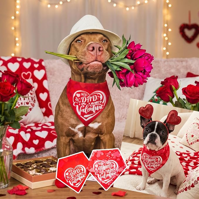Holiday Dog Bandanas Reversible Dad-Pup Bandana 2-in-1 Heart Print & My Dad is My Valentine Text, Valentine’s Day Costume Pet Scarf for Large & Extra Large Breeds 75lbs+