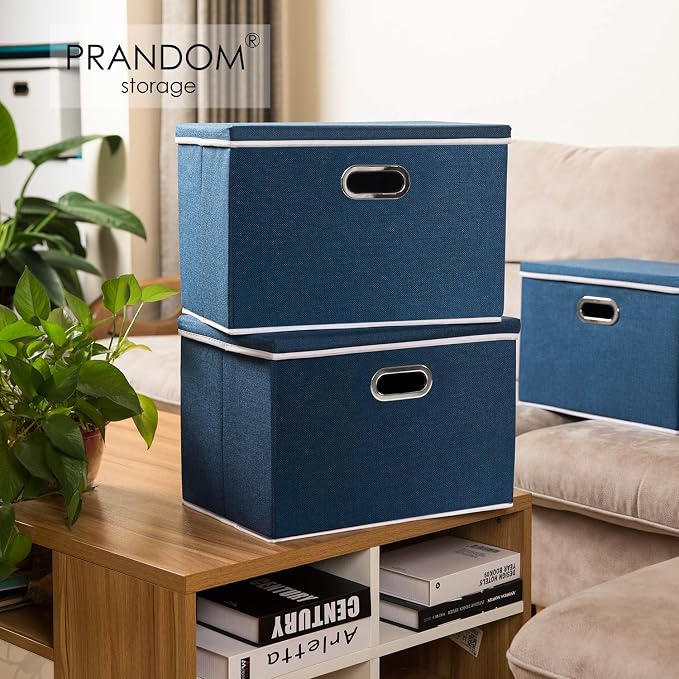 Large Collapsible Storage Bins with Lids [3-Pack] Fabric Foldable Storage Boxes Organizer Containers Baskets Cube with Cover for Home Bedroom Closet Office Royal Blue(17.7x11.8x11.8)