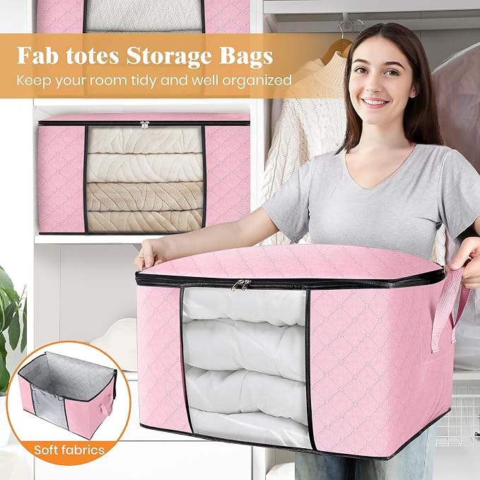 10 Pack Storage Bags for Clothes Blanket Storage Bins with Lids | Foldable Closet Organizers with Zippers,Window and Handles,Fabric Storage Bins for Sweater,Comforter,Bedding,Dorm essentials