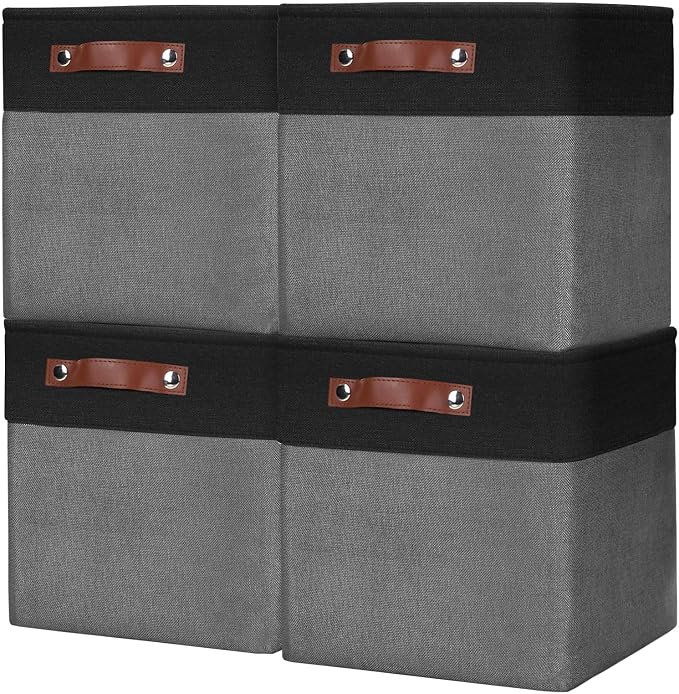 Bagnizer Collapsible Fabric Storage Cubes 11x11 Cube Storage Bins, 4 Pack Closet Baskets Box with Handles for Organizing, Shelf, Toys, Clothes, Home, Office, Nursery (Grey&Black)