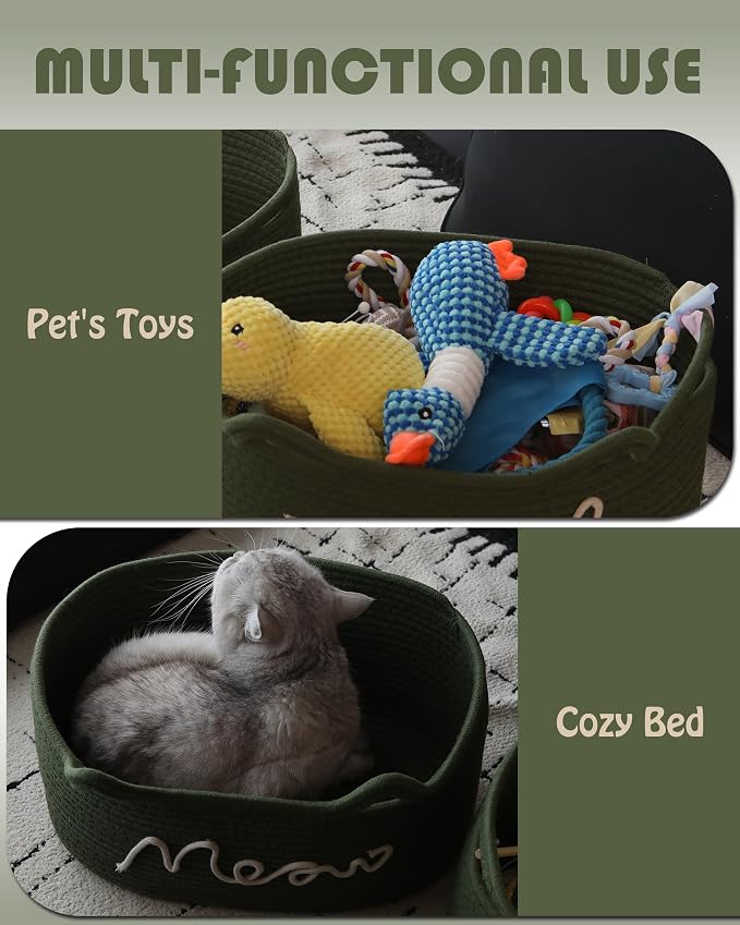 Sea Team Cat Toy Storage Basket with Handles and Ears, Green Meow | Large Cotton Rope Storage Bin, Shelf Basket, Organizer for Pet Chew Toys, Foods, 16.5 x 11 x 7 Inches, 4.4 Gallons