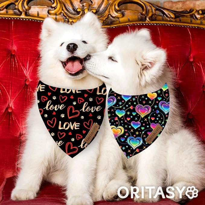 Valentines Day Dog Bandanas, 2-Pack Triangle Reversible Love Pet Scarves, Premium Fabric Bandana (Large, Style 2)