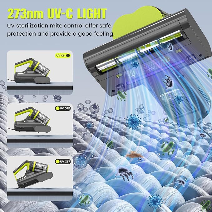 Mattress Vacuum Cleaner UV for Pet Hair,16kPa Power Suction UV Bed Vacuum Cleaner,140°F Heated Function,Ultrasonic High Tapping,HEPA Filter,Bed Vacuum for Sofa, Couch, Crib(Corded,4.5Amp)