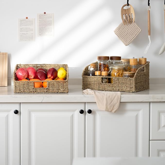 StorageWorks Pantry Baskets for Organizing, Seagrass Storage Baskets,2-Pack | Large Seagrass Baskets, Wicker Storage Baskets for Shelves,Pantry Organizers and Storage,Handwoven Wicker Baskets for Storage