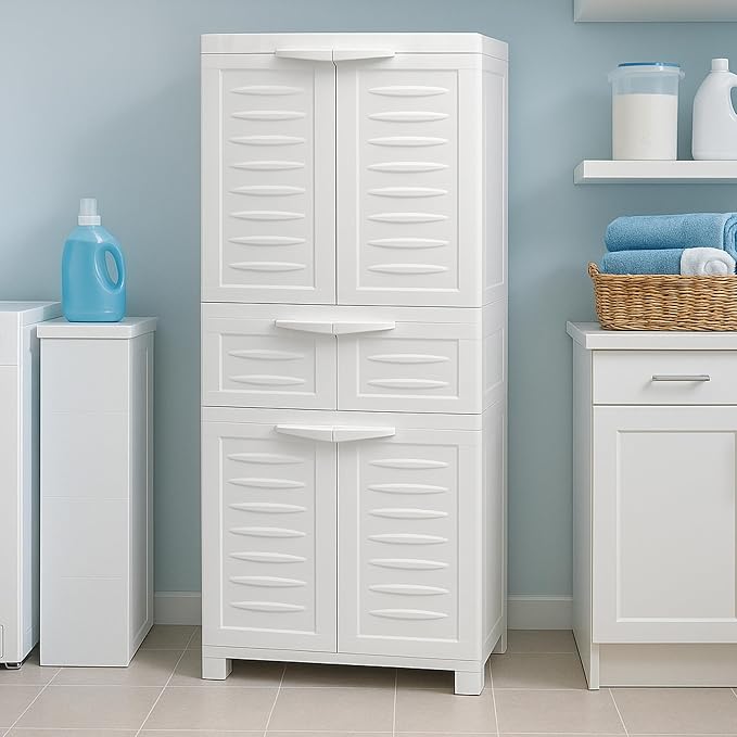 Sunnydaze 57" Garage Storage Cabinet with Doors & Shelves, Speckled White | Heavy Duty Resin Storage Cabinet Resists Rust & Peeling, Utility Cabinet with Drawer & Anti-Tip Kit for Laundry, Office