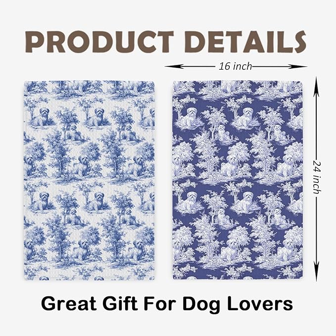 Shih Tzu Kitchen Dish Towels Set of 2, Blue and White Floral Dog Towel Dish Tea Towels, Chinoiserie Decor for Kitchen Bathroom,Shih Tzu Gifts for Dog Lover Mom Dad,16x24 Inch