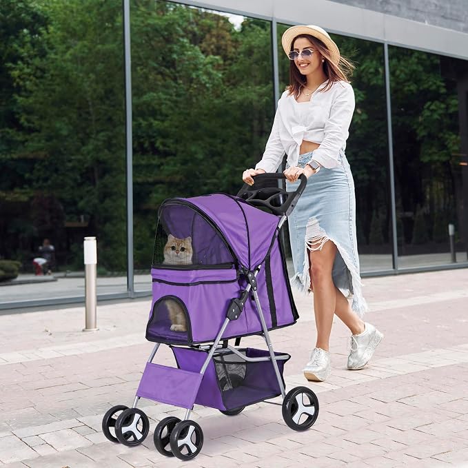 4 Wheels Dog Stroller Folding Pet Strolling Cart for Small Medium Cats Puppies Portable Jogger Travel Camping Puppy Carrier with Storage Basket Cup Holder, Purple