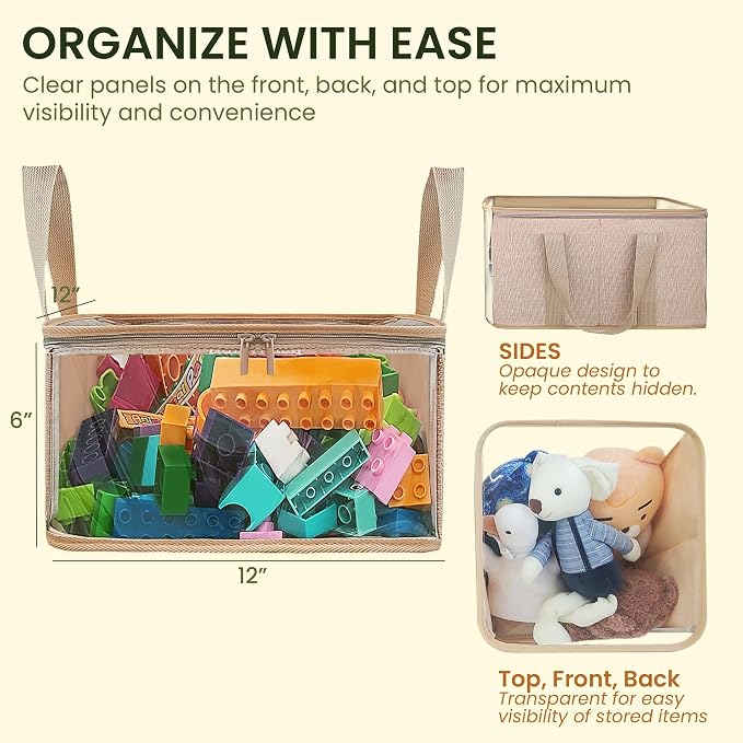 holay 2 Pack Clear Storage Cubes with Lids, 12x12x6 Toy Organizer Bins | Transparent lid & sides; reinforced carry handles; folds flat; holds toys, clothes, books; fits cube shelves