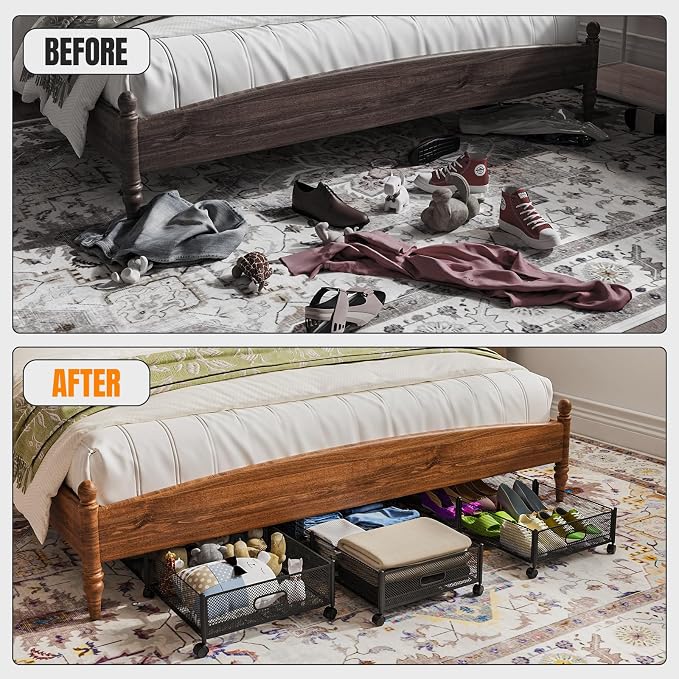Under Bed Storage With Wheels, 47.2''/90lbs/57.6L, Metal Frame Under Bed Rolling Storage, Tool-Free Assembly Underbed Drawers, Underbed Organizer Containers for Shoes, Clothes and Toys