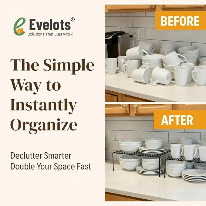 Evelots Wire Shelf Organizer Set Metal Cabinet Shelf Risers, 6-Pack, Black | 6-Pack rustproof metal wire shelf organizers create extra storage space in kitchen cabinets, pantries, freezers and bathrooms