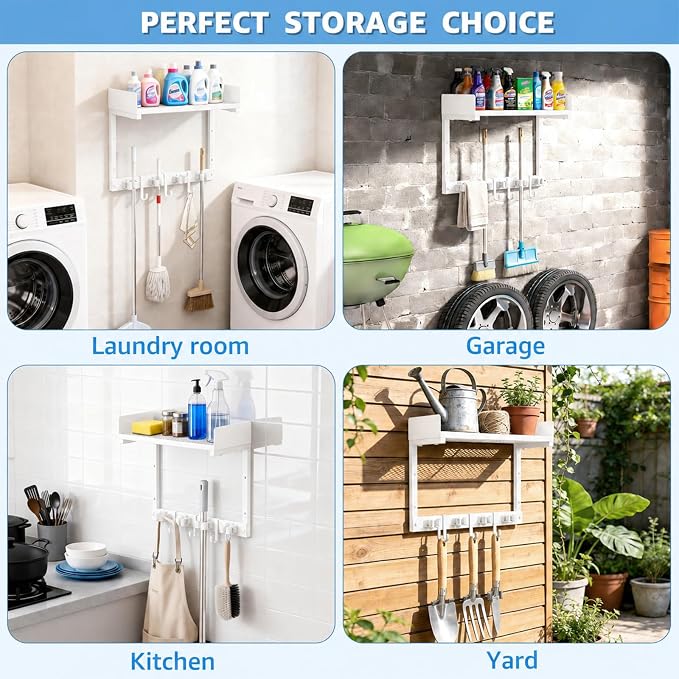 Mop Broom Holder Wall Mount with Top Shelf, Broom Organizer Wall Mount | 15inch,Mop Broom Wall Hanging Heavy Duty Tools Storage Rack Space-Saving for Garage,Kitchen,Laundry Room
