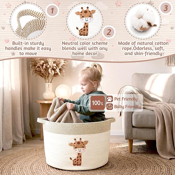 LemonRoad Extra Large Basket 20"x14", Woven Basket for Laundry Blanket Toy Box with Handle Storage, Blanket Storage for Living Room Nursery Pillows Chest(Cotton Rope,Cute Giraffe,Brown White)