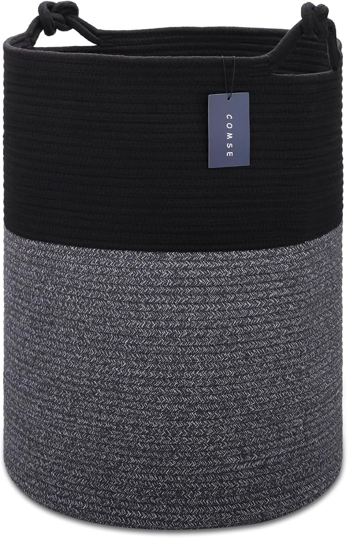 COMSE Tall Woven Blanket & Laundry Basket, 72L, Black | 15.7”x 21.7”, Cotton Rope, Large Nursery Hamper for Storage of Toys Clothes Towels, Great for Living Rooms Bedrooms Bathrooms