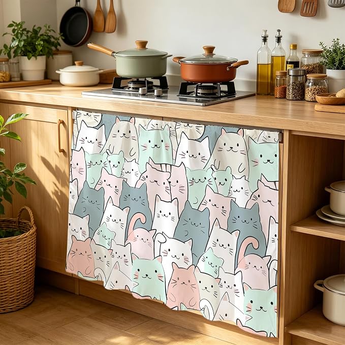 BEMIGO Cartoon Cat Cabinet Curtain 35" Wx35 L, Dustproof Under Sink Skirt with Self Adhesive Tape, Funny Cute Colorful Animal Pet Cabinet Curtain Cover for Kitchen Sink, Bathroom Vanity, Laundry Room