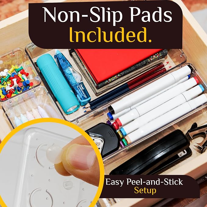 40 PCS Clear Drawer Organizer Set, BPA-Free PET Plastic Trays with Non-Slip Pads, Nesting Storage Organizers for Kitchen Drawer, Bathroom, Vanity Makeup, Office Desk