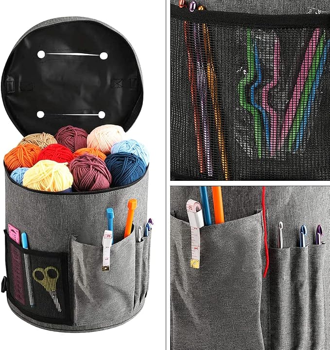 Weabetfu Large Capacity Portable Yarn Organizer Knitting Tote Storage Bag with Shoulder Strap Yarn Bags Have Pocket for Crochet Hooks,Knitting Needles & Accessories,Prevent Yarn Tangle(Grey)