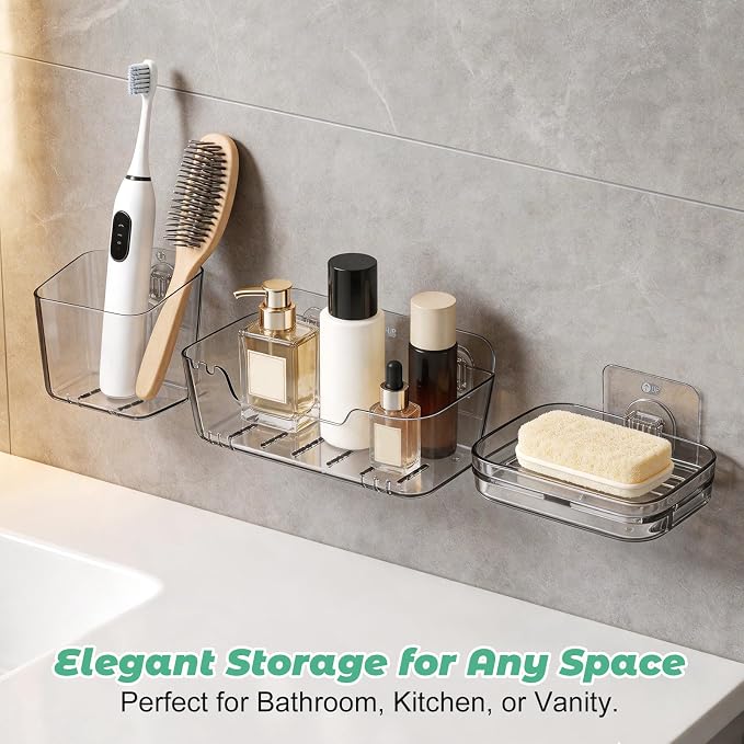 Wakauto 4 Pack Clear Wall Mounted Bath Toy Organizer & 2 Soap Dishes | Bathtub toy holder basket, adhesive shower caddy, kids bathroom storage, easy drainage design