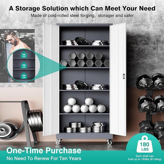 75" Tall Metal Storage Cabinet with Wheels,Rolling Garage Storage Cabinet with Lock,Gray White Metal Cabinets with Wheels and Shelves,Locking Tool Cabinets on Wheel for Garage,Home,Office,Shop