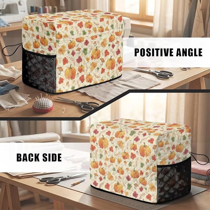 Sewing Machine Cover Polyester Febric Thanksgiving Pumpkin Maple | Dust Pet Hair Protection,Quilting Design,Fits Standard Singer,Brother Janome Machines,Protecting Decorating Your Sewing Space