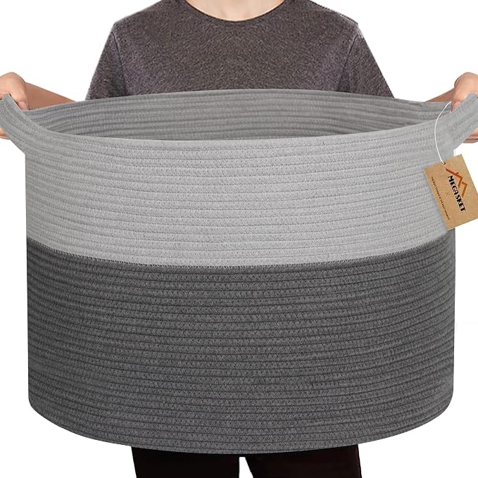 MEGASKET Extra Large Rope Basket, XXXL Woven Storage Basket, Large Blanket Storage for Living Room, Kids Room Toy Organizer Bin, Dog Toy Stuffed Animal Basket, Pillow Throw Blanket Holder, 22"x14"
